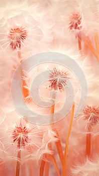 A close up dandelions flying airborne seeds on sunset peach pink colors background. Summer nature concept