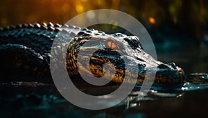 Close up of dangerous crocodile teeth in tranquil blue water generated by AI