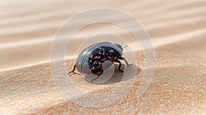 close-up of a dark beetle on sandy beach
