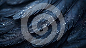 Close-up of dark blue feathers with water droplets, creating a textured and abstract background