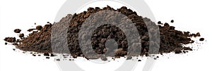 Close-up of dark brown soil with small particles. Rich in organic matter, well-drained and fertile soil pile. Light gray photo