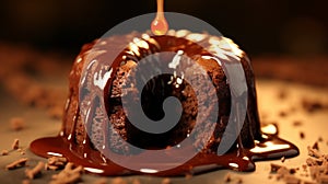 A close-up of a dark chocolate lava cake oozing with molten chocolate from the center