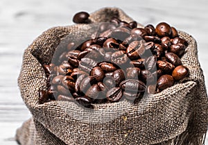 Close-up of dark fresh aroma beans in a small sack. Full bag with roasted coffee grains over the blurred background.