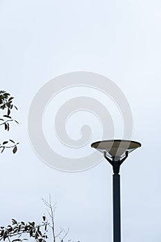 Close up of dark LED lamppost towards Grey sky and trees branches. Reidi tee, Tallinn, Estonia