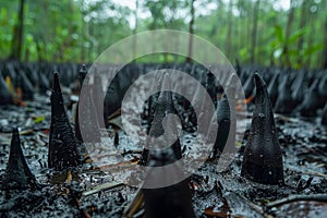 Close Up of Dark Mangrove Tree Roots in Tropical Rainforest with Lush Foliage, Nature\'s Intricate Ecosystem