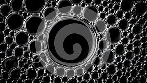 Close-up of dark, reflective bubbles creating a mesmerizing pattern
