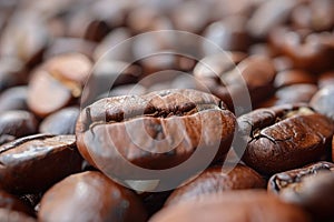 Close-up of Dark Roasted Coffee Beans Pile on White Background, Shiny and Oily, Dark Brown Color