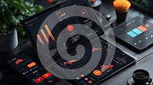 Close up of data analysis on tablet phone and laptop representing technology and progress