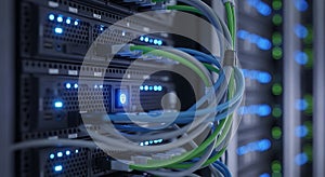 Modern Data Center Server Rack with Blinking Blue Lights Network Cables and Cloud Computing Infrastructure