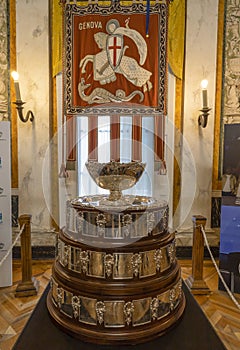 Close-up of the Davis Cup of Tennis won by Italy in 2023 shown in Genoa, capital of Sport in 2024