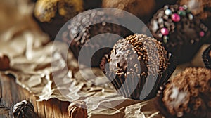 Close-up of decadent chocolate brigadeiros covered with sprinkles on a rustic wooden background.