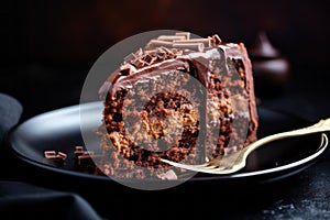 A close-up of a decadent chocolate cake with a velvety ganache frosting