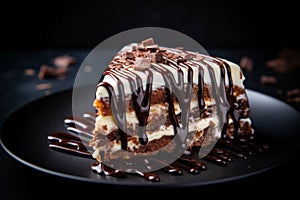 A close-up of a decadent chocolate cake with a velvety ganache frosting