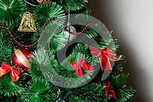 Close up of decorated christmas tree with colorful balls