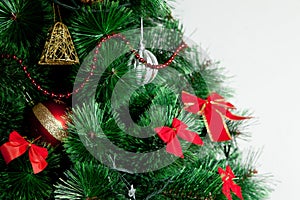 Close up of decorated christmas tree with colorful balls