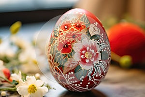 Close-up of decorated Easter egg with red floral patterns
