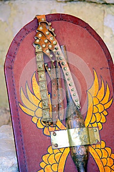Close up of decorated Roman shiClose up of decorated Roman scutum shield and studded belt with red and yellow wing patterneld and photo