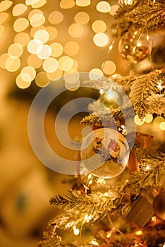 Close-up, decorative ball with a bullfinch on branch of festive Christmas tree with decorations and garland, against background of