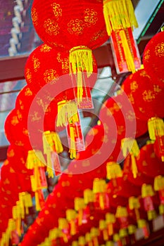 Close up of decorative lanterns scattered around Chinatown, Singapore. China`s New Year. Year of the Dog. Photos taken