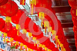 Close up of decorative lanterns scattered around Chinatown, Singapore. China`s New Year. Year of the Dog. Photos taken