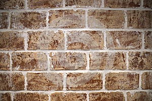 Close up Decorative wall, brown brick pattern, white grout