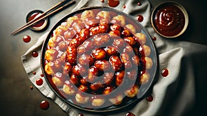 close-up of deep-fried Korean rice cake (Tteokbokki), generously coated in a spicy sauce
