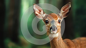 A close up of a deer looking at the camera in front of trees, AI
