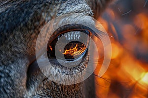 Close up of deer's eye with reflection of fire in forest