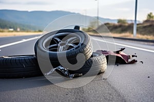 close-up of deflated car tyres after accident