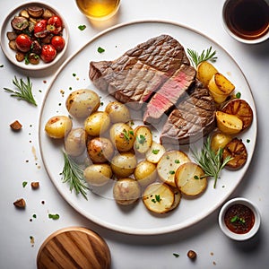 close-up delectable dish of succulent steak and perfectly roasted potatoes - generated ai photos