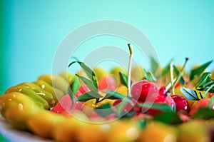 Close up deletable imitation fruits arrange on plate background, Look Choup Thai sweets