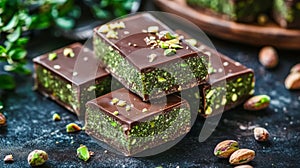 Close-Up of Delicate Arabic Sweets with Pistachio Spread, Dark Green Dessert Presentation in Stack