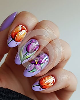 Close up delicate manicure with nail art of blooming tulip flowers on purple background, creative women manicure