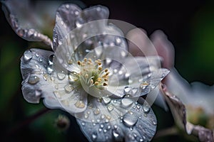 close-up of delicate pastel flowers with dew drops on their petals