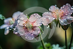 close-up of delicate pastel flowers with dew drops on their petals