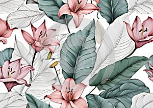 Close-up of delicate pink lily flowers with green and black and white leaves. Floral pattern delicate lilies close-up. Generative