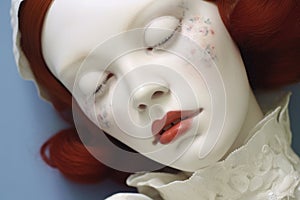 close-up of delicate porcelain doll head, unpainted