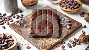 Close-up of delicious chocolate bars lying on a white table. The concept of sweets