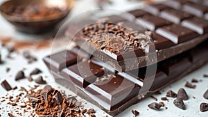 Close-up of delicious chocolate bars lying on a white table. The concept of sweets