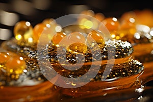 Close-up of delicious dessert drizzled with caramelized syrup with bubbles,tempting food photography