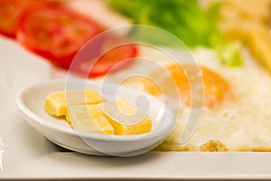 Close up of a delicious fresh mediterranean luch with egg, lettuce, tomato, cheesse