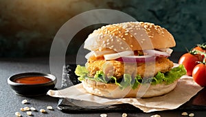 Close-up of delicious fresh tasty chicken burger. Tasty fast food