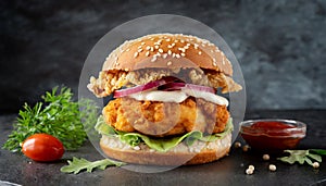 Close-up of delicious fresh tasty chicken burger. Tasty fast food