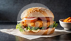 Close-up of delicious fresh tasty chicken burger. Tasty fast food