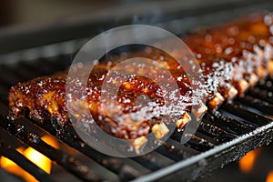 Close-up of delicious fried ribs glazed in honey and soy sauce on a grill grate. American BBQ pork ribs. Background