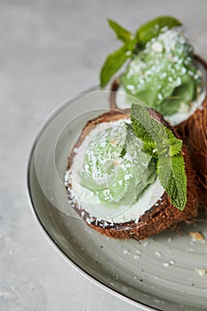 Close-up of delicious green ice cream with mint leaf in a coconut shell on a gray plate.