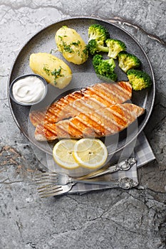 Close up of delicious grilled salmon with new potatoes, broccoli and cream sauce in a plate. Vertical top view