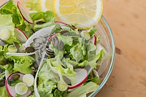 Close up of a delicious healthy vegetarian lettuce salad, with red and white radish, spring garlic, lemon slices and basil