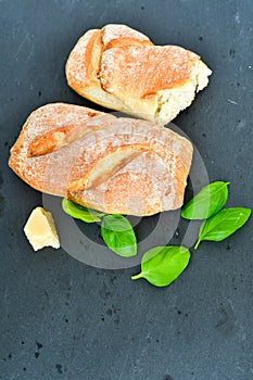 Home made italian ciabatta bread, olive oil and parmesan cheese