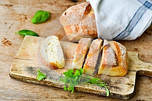 Home made italian ciabatta bread, olive oil and parmesan cheese